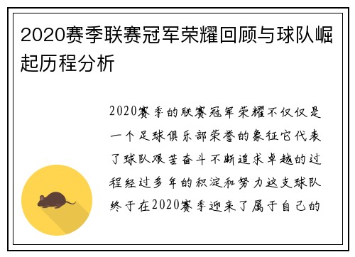 2020赛季联赛冠军荣耀回顾与球队崛起历程分析